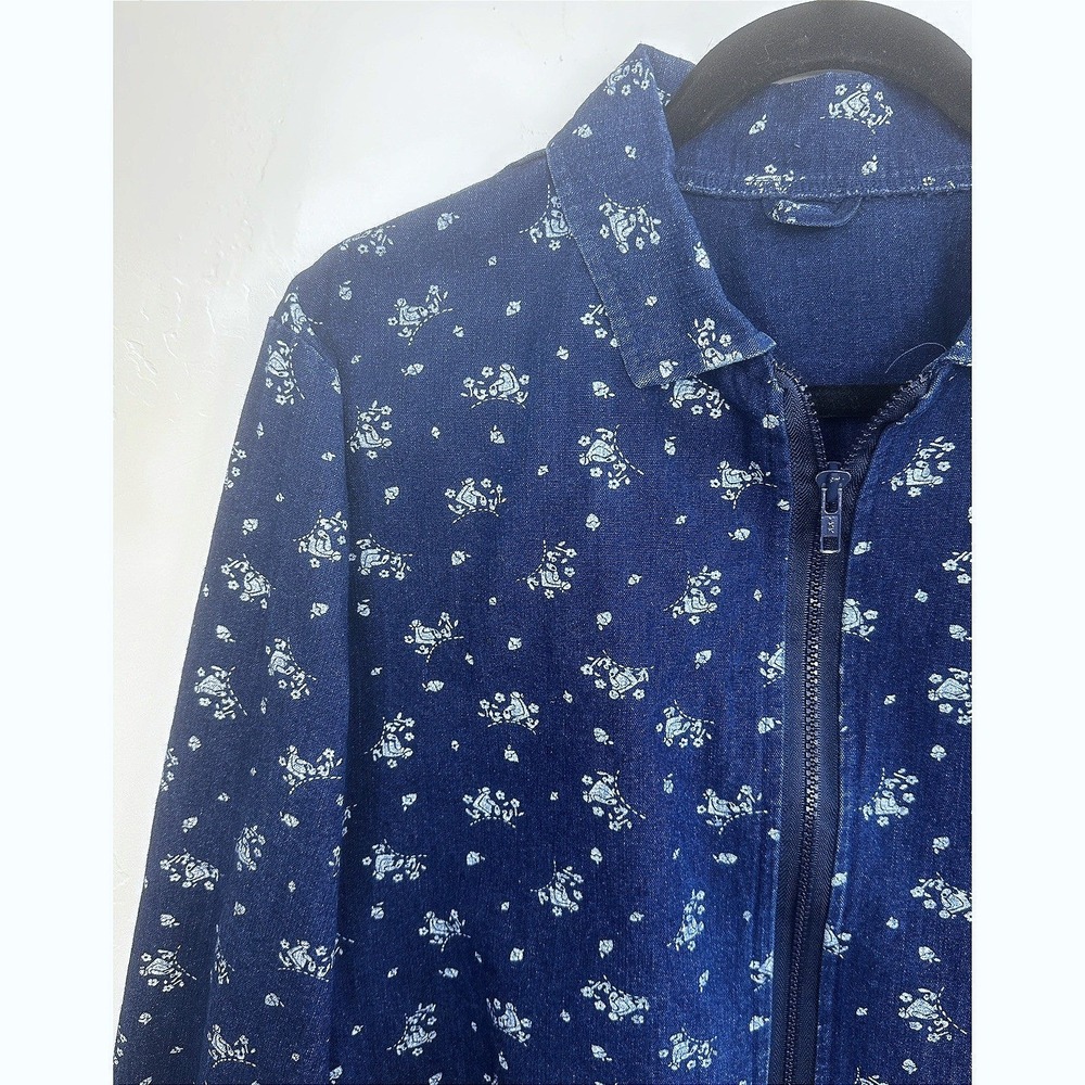 Vintage 90s Denim Zip Up Jacket Novelty Print Women's L Cottagecore Grandma Chic - Picture 4 of 8